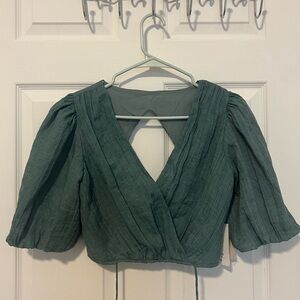 Moon River Green Puff Sleeve Wrap Blouse